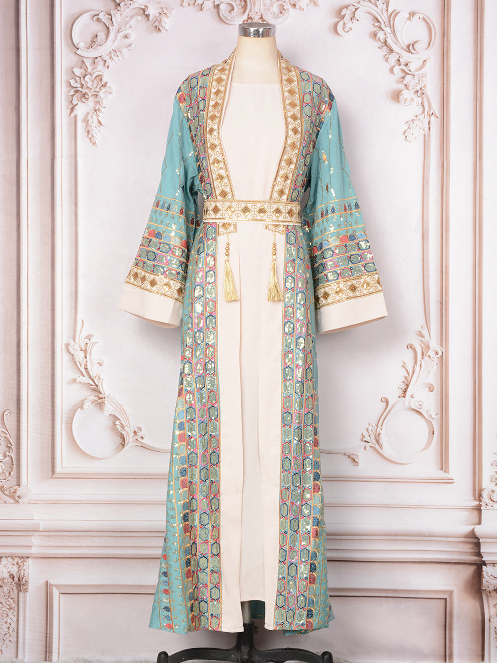 Arabian Women's Traditional Robe Sequin Tassel Evening Gown Dress