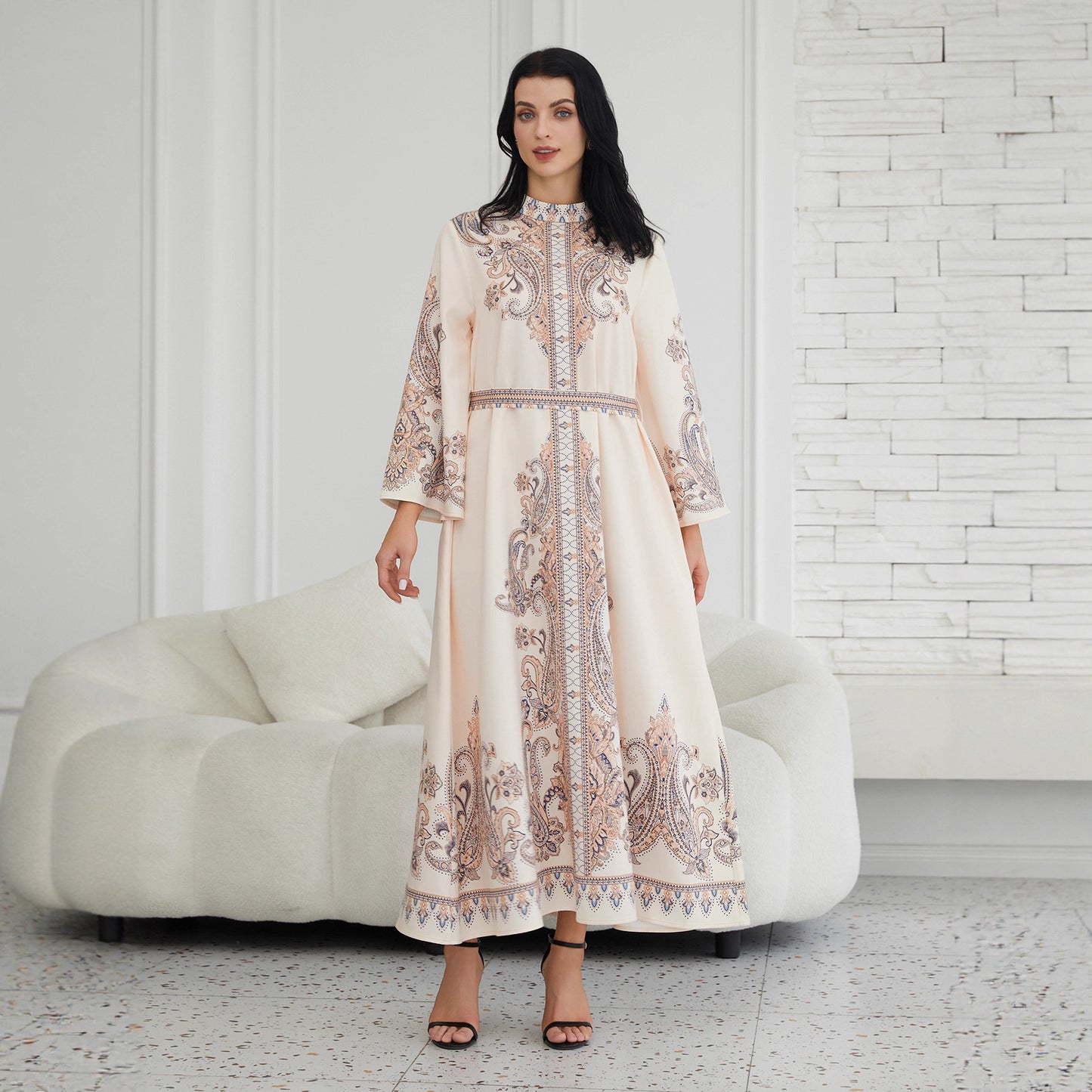 Stand Collar Printed Long Retro Muslim Dress Milky White Polyester