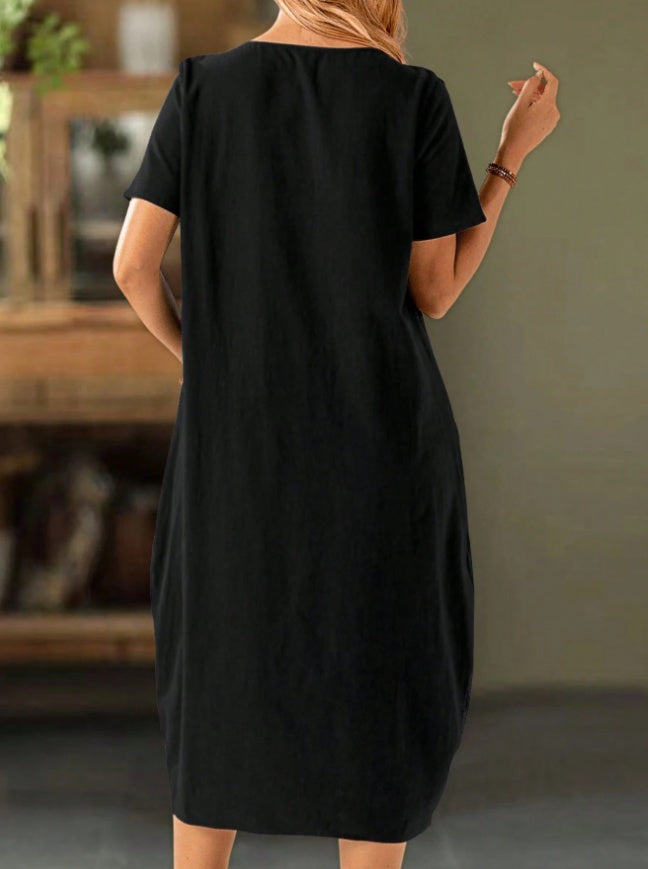 Women's Solid Color Button Front Short Sleeve Pocket Casual Dress