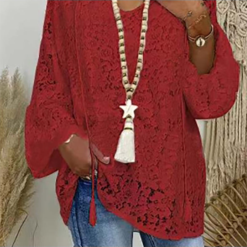 White Blouse Hollow Lace V-Neck Loose Pullover All-Match Long-Sleeved Shirt