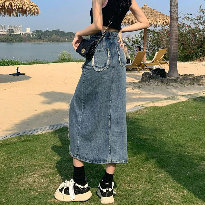 Irregular Slit Denim Skirt Ins Style Hot Design