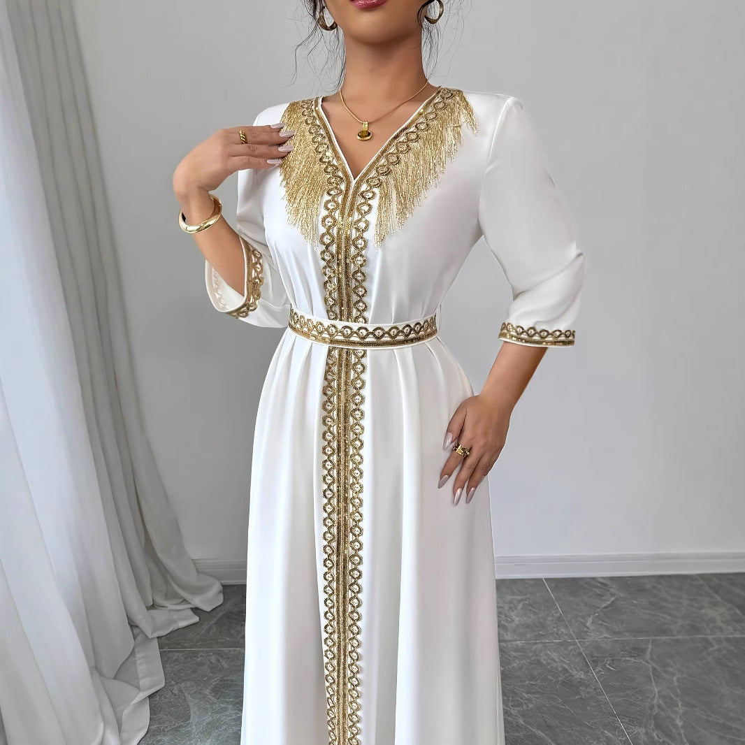 Women's Lace Tassel Slim Fit Dress Muslim Robe