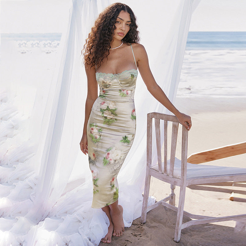 Summer New Women's Lace Stitching Printing Slim Dress