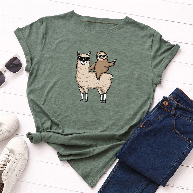 Sloth Riding Goat Sunglasses Printing Cool European And American Top T-shirt Short Sleeve