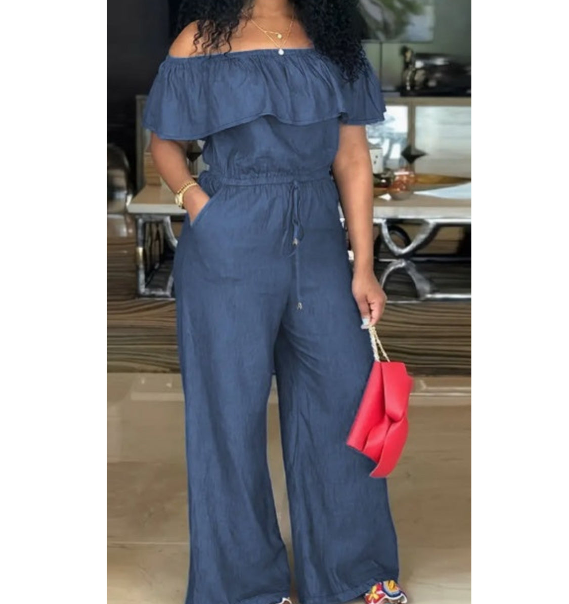Solid Off Shoulder Tie Waist Jumpsuit Elegant Ruffle Trim Wide Leg Jumpsuit Women's Clothing