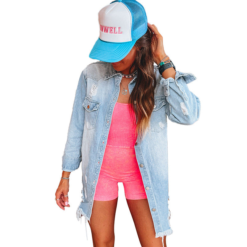 Retro Distressed Long Denim Coat For Women