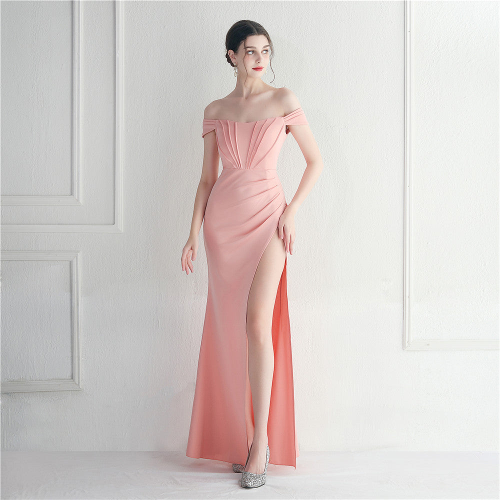 Female Solid Color Off Shoulder One Neck Slit Dress