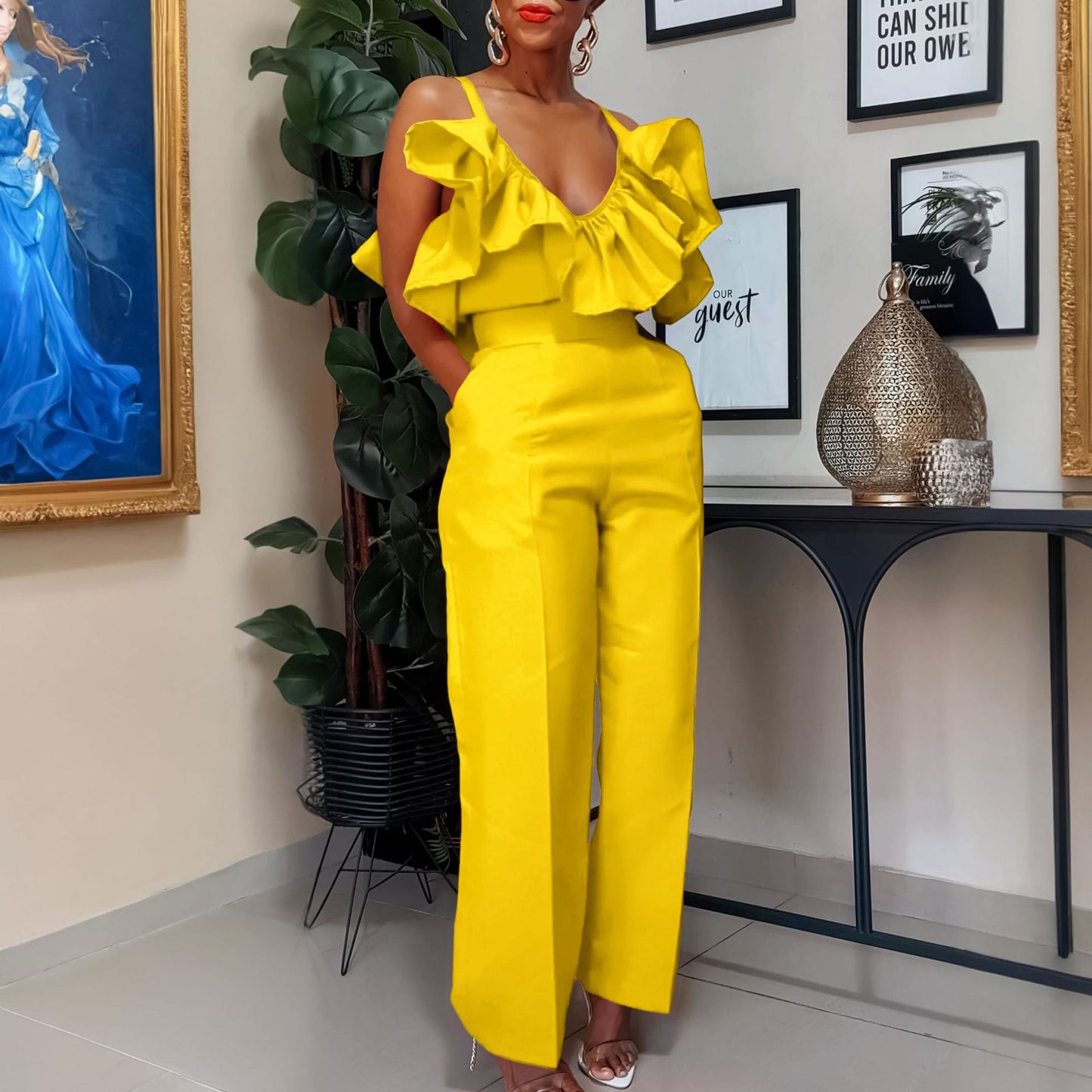 V-neck Flounce Sling Top High Waist Trousers Suit
