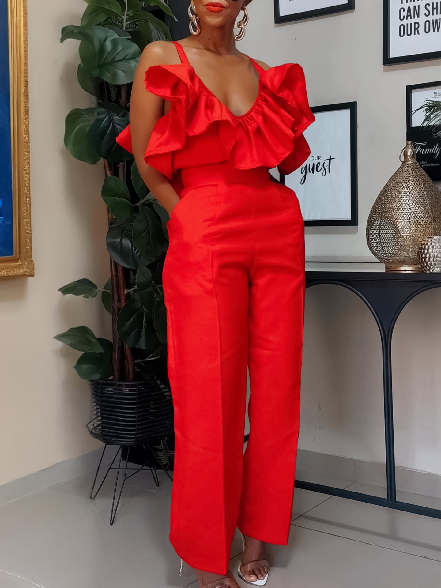 V-neck Flounce Sling Top High Waist Trousers Suit