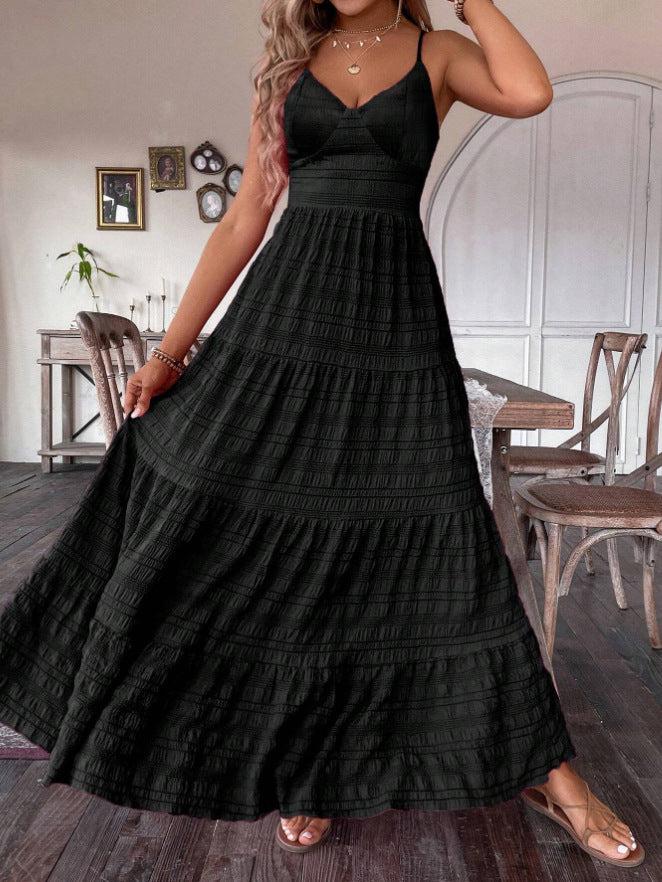 V-neck Strap Back Strap Solid Color Dress