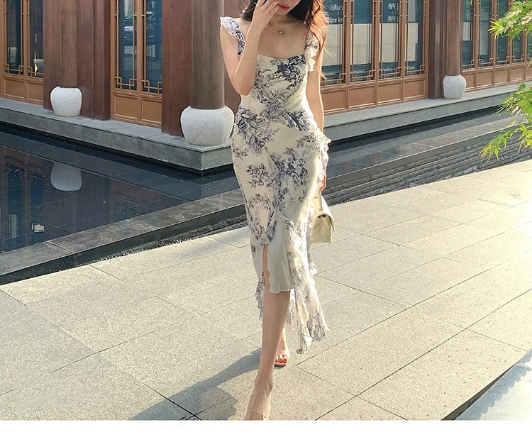 French Ruffled Square Collar Floral Backless Sling Dress