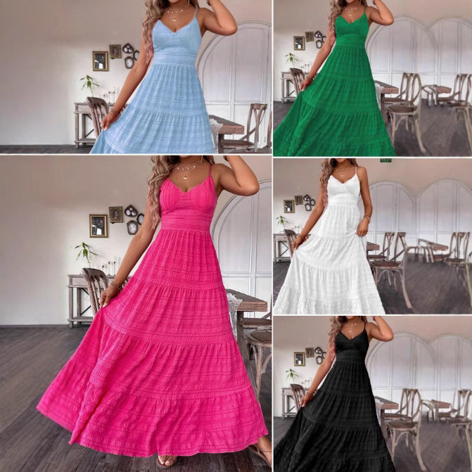 V-neck Strap Back Strap Solid Color Dress