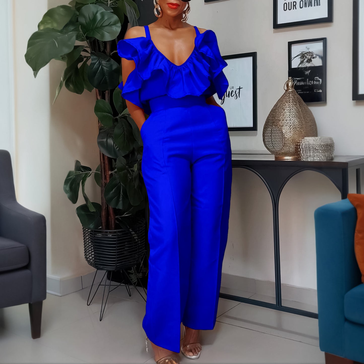 V-neck Flounce Sling Top High Waist Trousers Suit