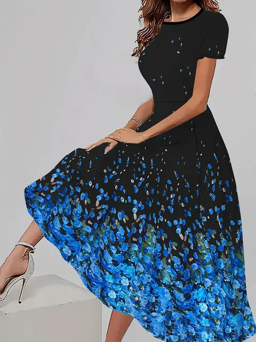 Trendy Casual All-matching Floral Pattern Short Sleeve Round Neck Dress