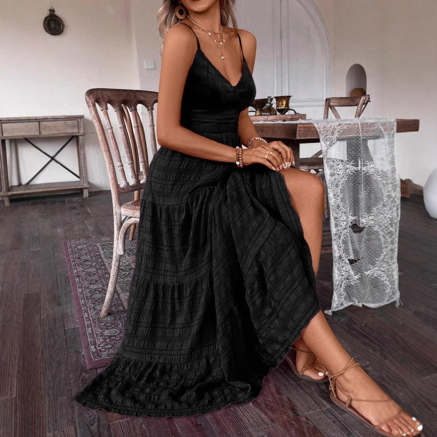 V-neck Strap Back Strap Solid Color Dress