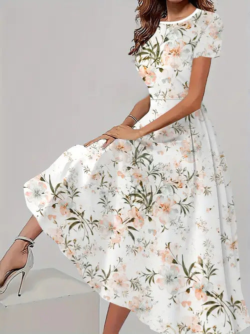 Trendy Casual All-matching Floral Pattern Short Sleeve Round Neck Dress