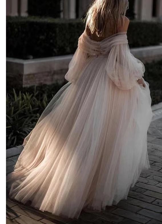 Plus Size Mesh Pleating Long Sleeve High Waist Tube Top Off Shoulder Dress