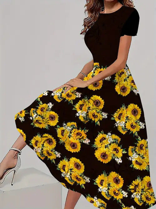 Trendy Casual All-matching Floral Pattern Short Sleeve Round Neck Dress