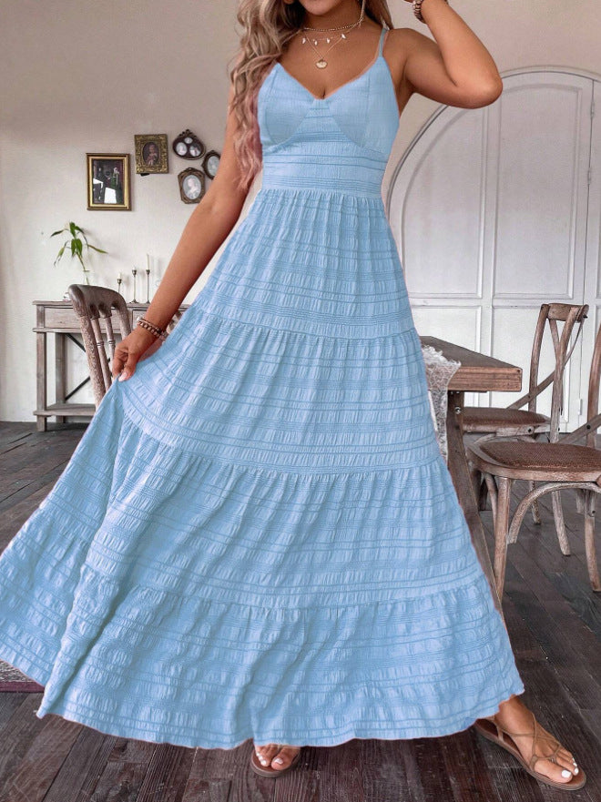 V-neck Strap Back Strap Solid Color Dress