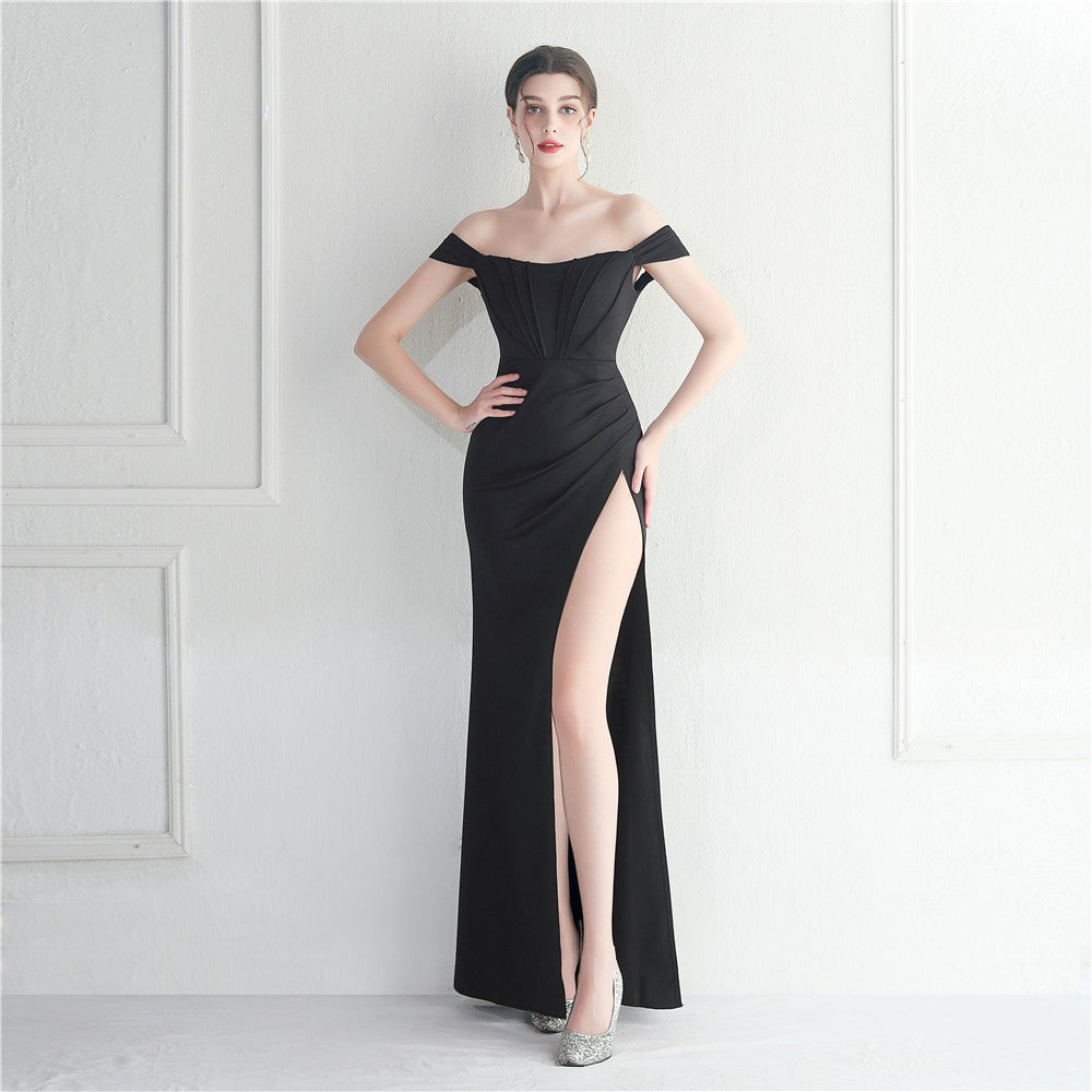 Female Solid Color Off Shoulder One Neck Slit Dress