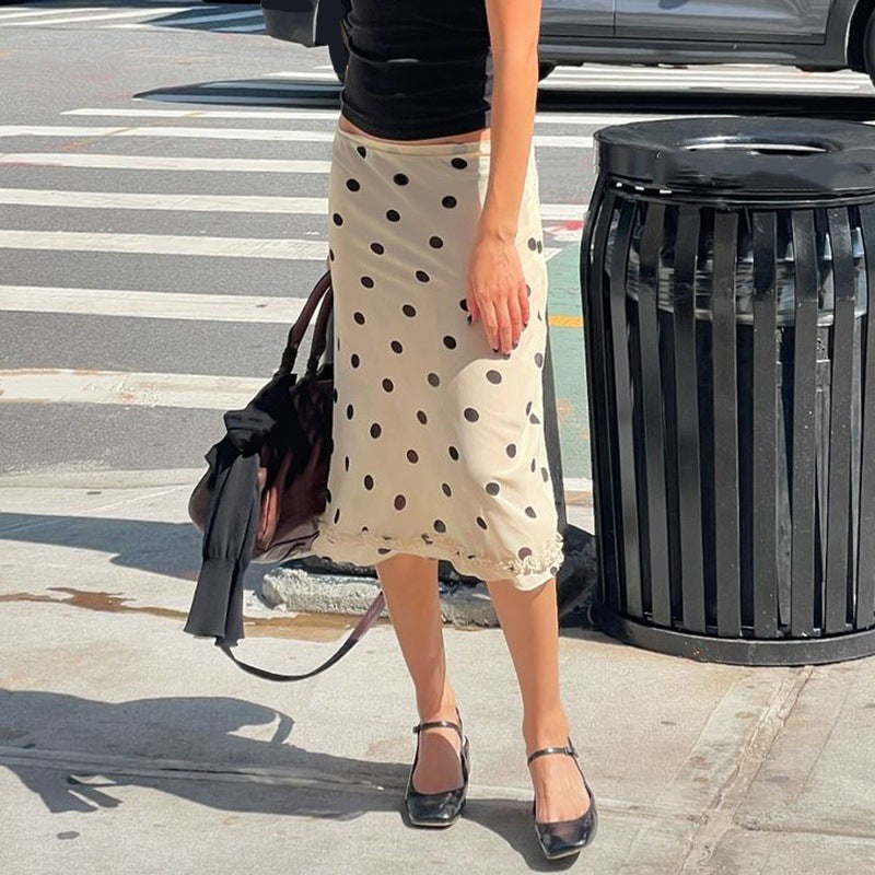 Women's French-style Color Matching Polka Dot Side Zipper Pleated Hip Skirt