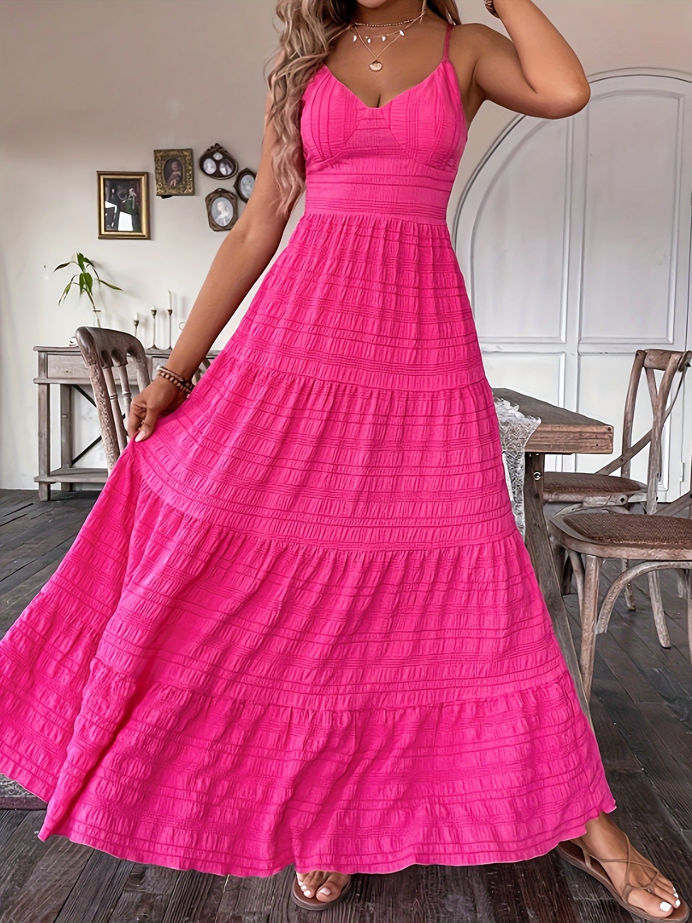 V-neck Strap Back Strap Solid Color Dress