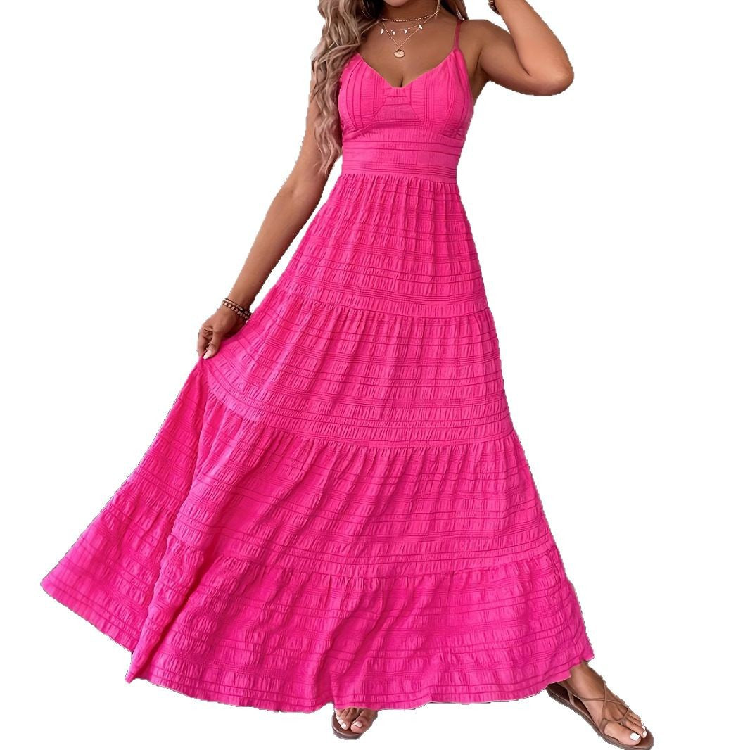 V-neck Strap Back Strap Solid Color Dress