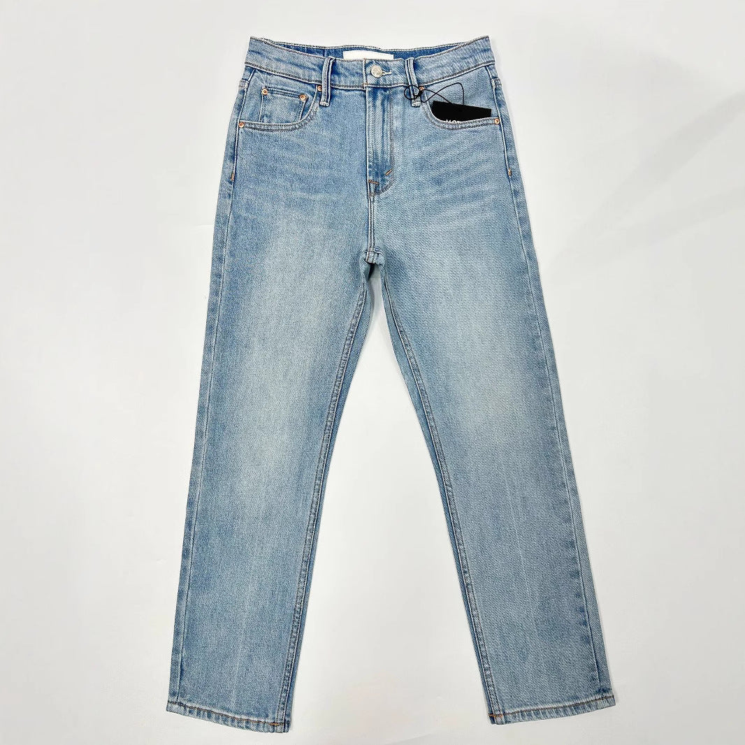 High Waist Light Blue Stretch Slim-fitting Small Straight Cropped Jeans For Women