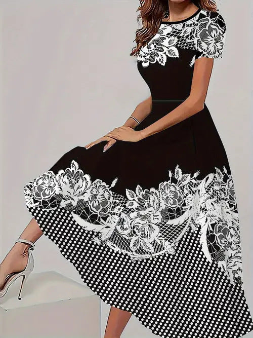 Trendy Casual All-matching Floral Pattern Short Sleeve Round Neck Dress