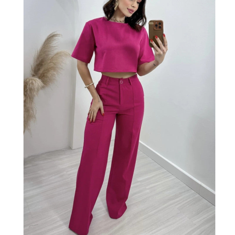 Fashion Cotton And Linen Short Top High Waist Wide Leg Pants Suit