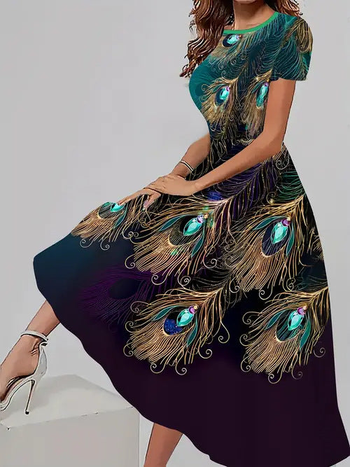 Trendy Casual All-matching Floral Pattern Short Sleeve Round Neck Dress