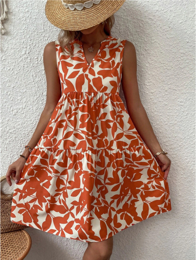 Women's Loose V-neck Pleated Print Dress