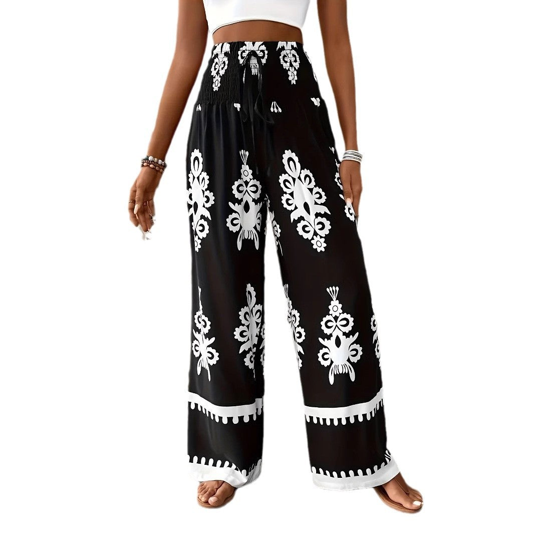 Women's 3D Pattern Lace-up Casual High Waist Print Wide-leg Pants