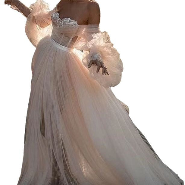 Plus Size Mesh Pleating Long Sleeve High Waist Tube Top Off Shoulder Dress