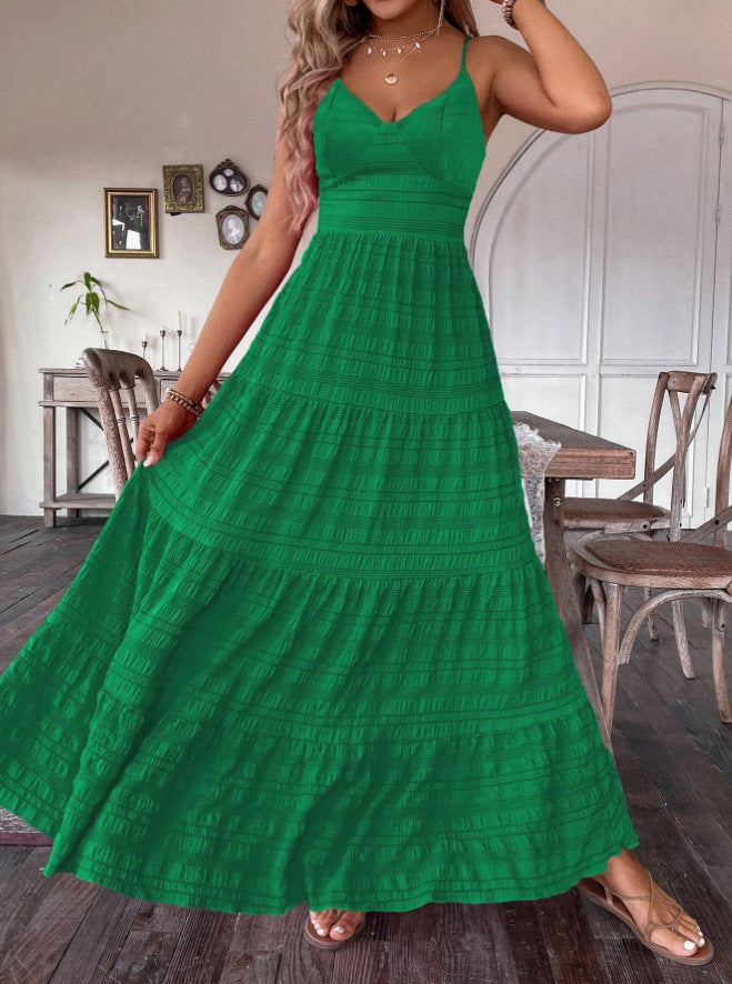 V-neck Strap Back Strap Solid Color Dress
