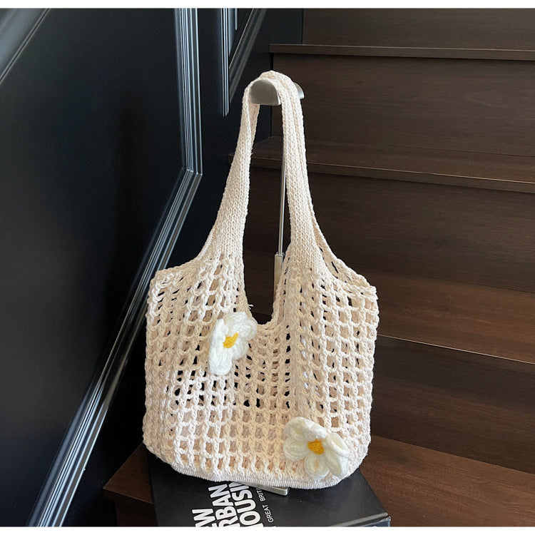 Knitted Woven Mesh Flower Handbag Large Capacity Versatile Shoulder Bag