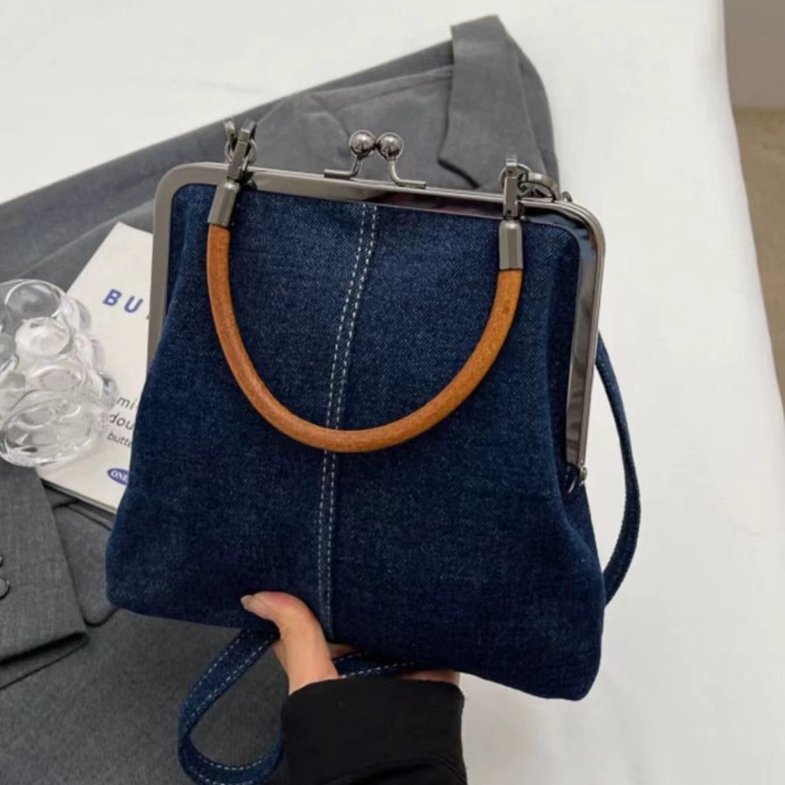 Female Worker Denim Stitching Shoulder Bag