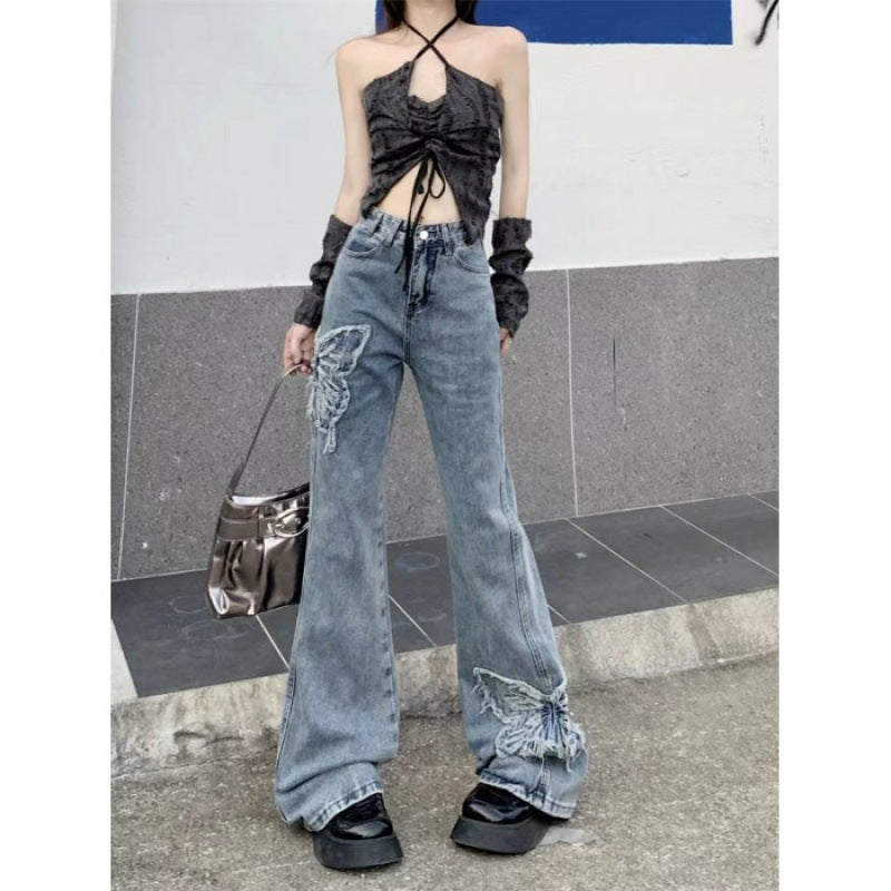 Retro Butterfly Embroidered Jeans High Waist Wash Slightly Flared Mop