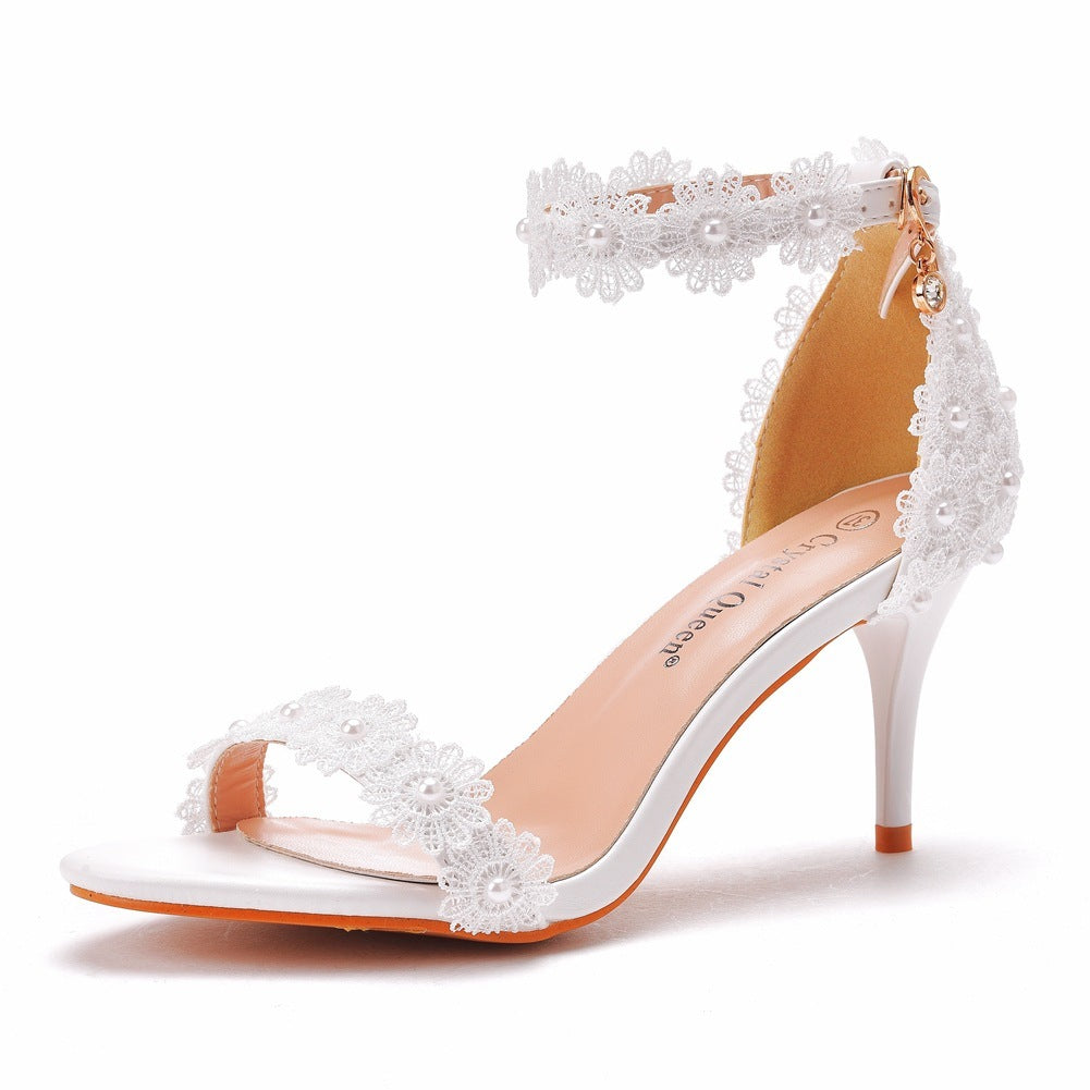 Stiletto Sandals White Lace Wedding Shoes