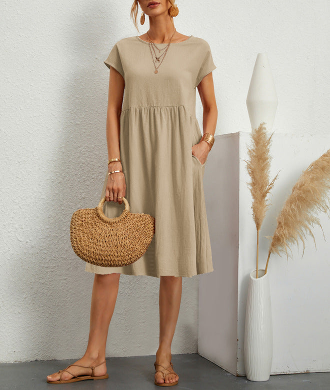 Summer Short-sleeved Dress With Pockets