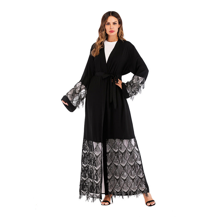 Fashion Robe Mesh Bead Panel Loose Lace Up Long Sleeve Cardigan, Middle Eastern Women’s Dress