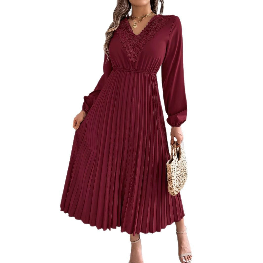 Women's V-neck Lace Cinched Pleated Long Dress