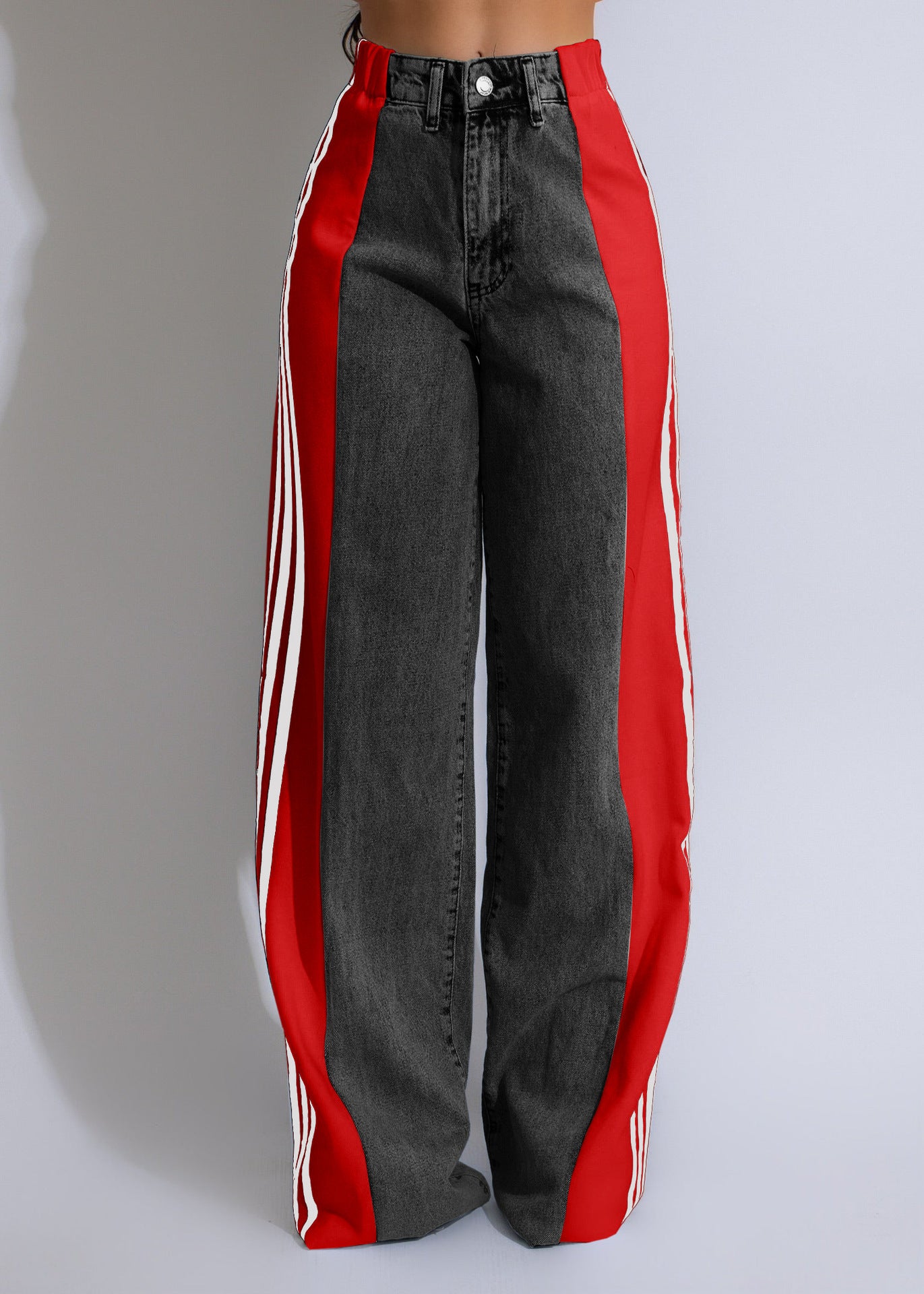 Fashion Casual High Waist Elastic Straight Leg Trousers Three Stripe Patchwork Denim Wide Leg Pants Streetwear