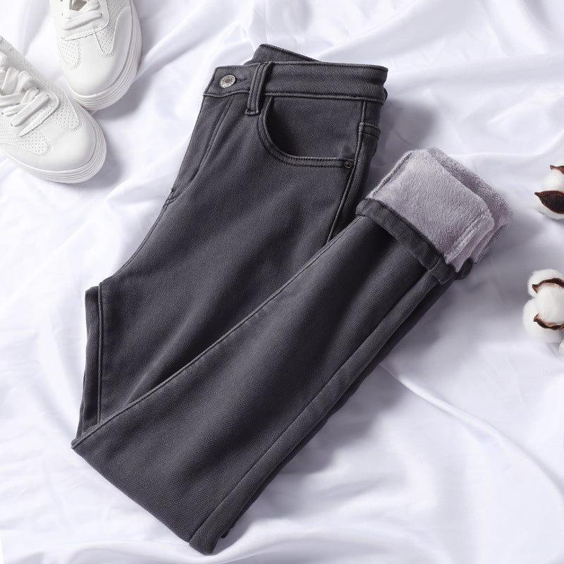Plush Padded Jeans Women's Winter High-waisted Feet