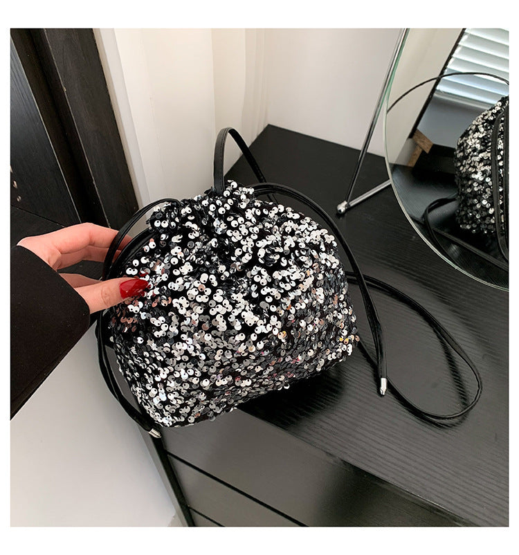 Crossbody Drawstring Pleated Design Soft Color Sequin Bag
