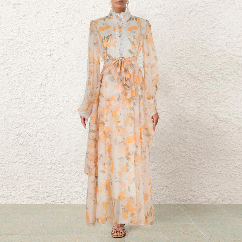 Autumn And Winter Lace Stitching Sweet Printed Ruffled Irregular Dress Women