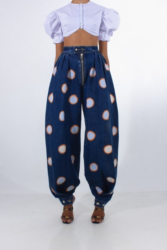 High Waist Zipper Ankle-tied Jeans Loose