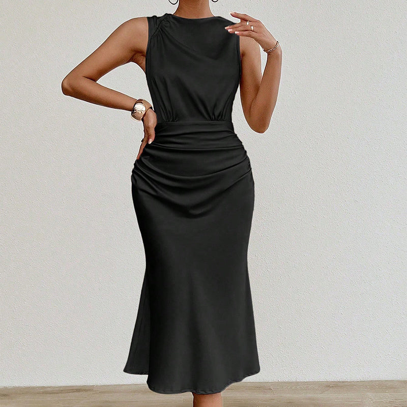 Women's Summer Sleeveless Tank Dress Crew Neck Slim Fit Ruched Bodycon Dress Casual Party Club Dress