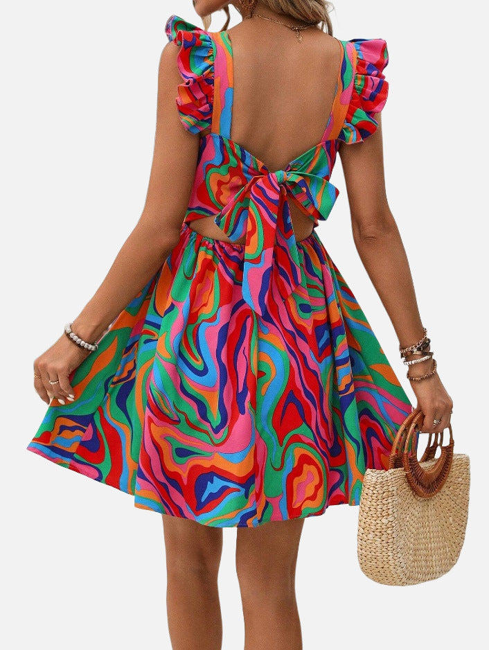 Printed Lace-up Back Backless Frill Holiday Dress