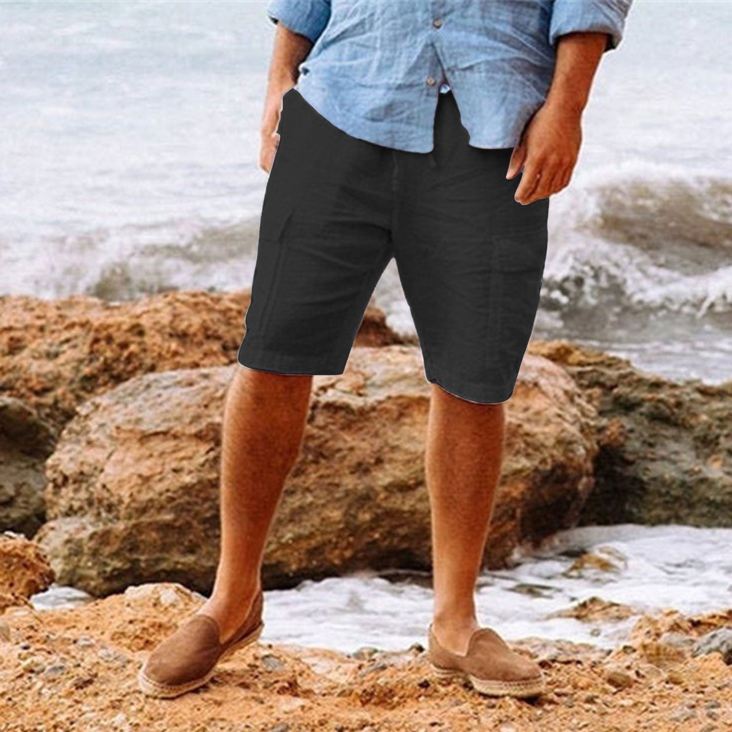 Men's Casual Cotton Linen Multi-pocket Workwear Shorts